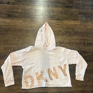 DKNY Sport Light Pink and Rose Gold Cropped Hoodie Sweatshirt Medium